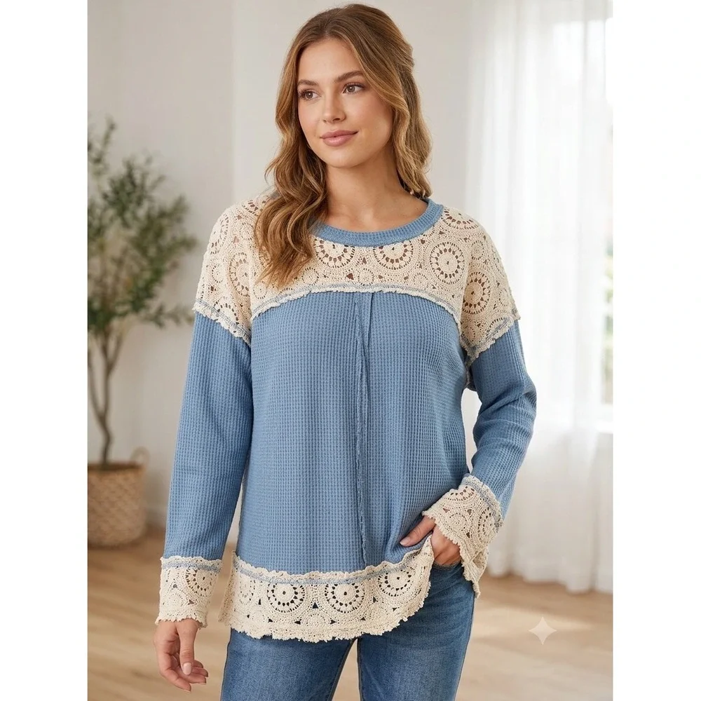 POL Blue Waffle Knit‎ Top with Cream Crochet Lace Trim Boho Long Sleeve Large